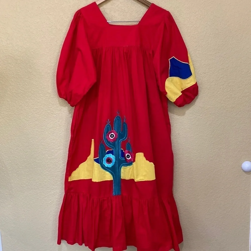 VINTAGE Raquel Unger Cotton Cactus Print Dress with Pockets - Picture 2 of 8